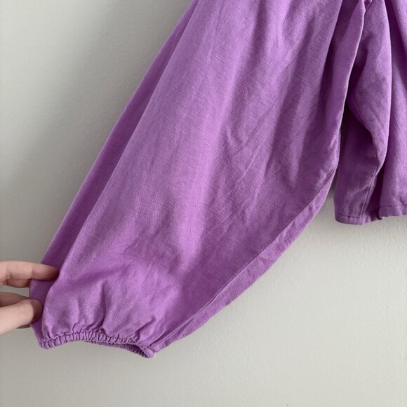 American Eagle Women S Purple Linen Blend Puff Sleeves Button Front Crop Top - Picture 4 of 10